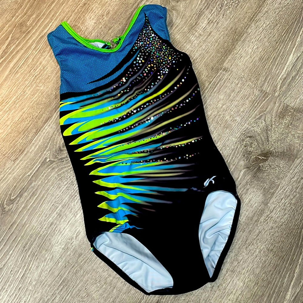 Bright blue and lime GK leotard